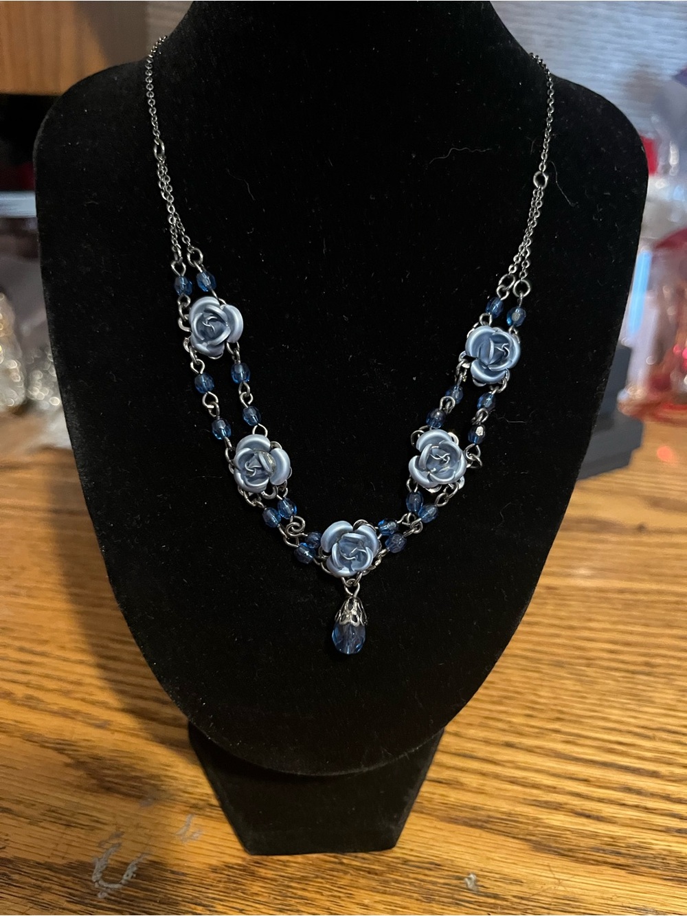 Avon Navy Blue Rose Double-Strand Necklace with Teardrop Charm